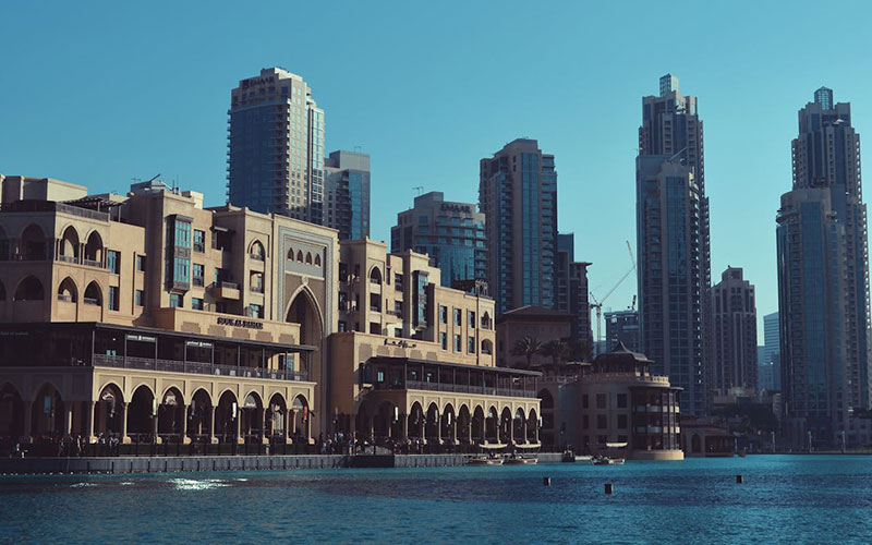 Waterfront view of Souk Al Bahar in Dubai