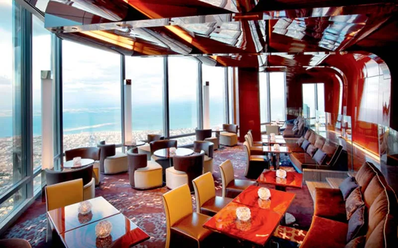 Fine dining at At.mosphere Lounge in Burj Khalifa with skyline view