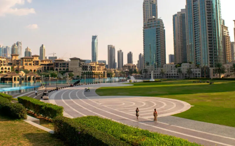 Burj Park near Burj Khalifa with greenery and dubai fountain view