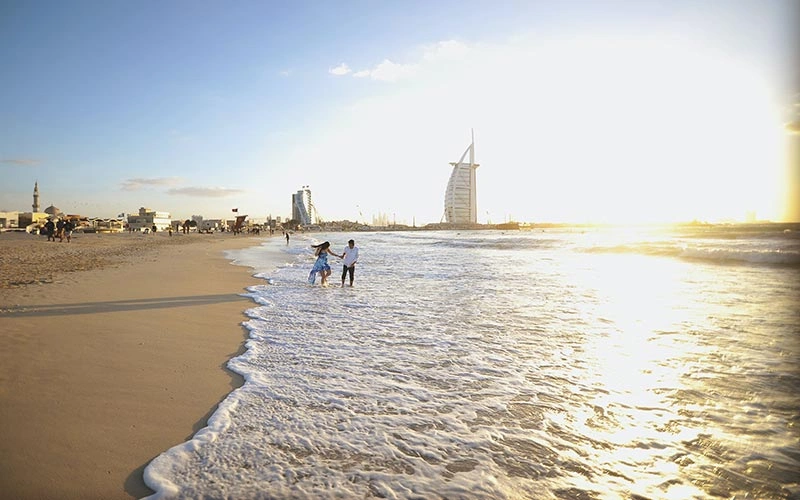 View of Burj Al Arab from a popular beach in Dubai