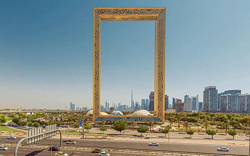 Iconic Dubai Frame structure with blue sky in the background