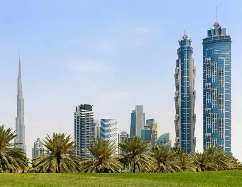Marvel at Dubai's skyline from JW Marriott Marquis, with panoramic vistas of iconic city hotels.