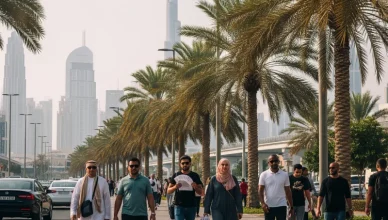 Street view of Dubai with Burj Khalifa in background