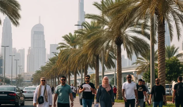 Street view of Dubai with Burj Khalifa in background