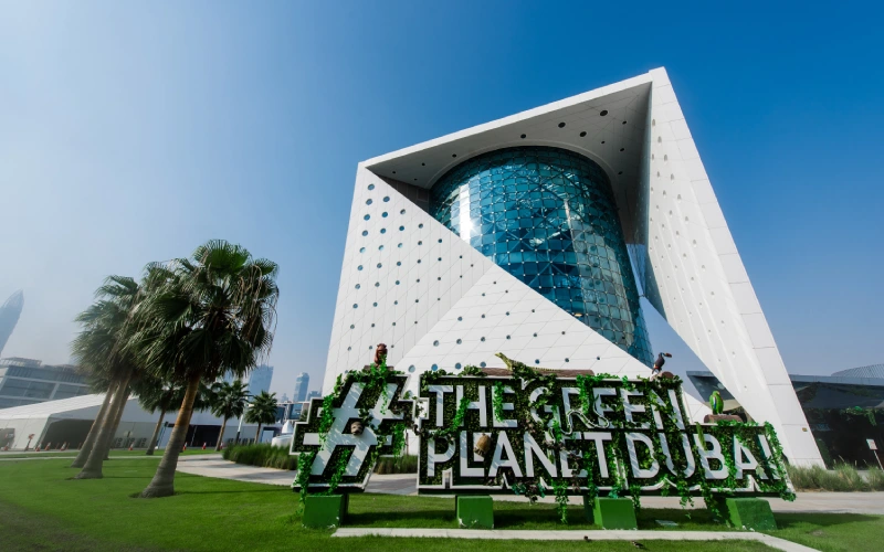 The Green Planet Dubai entrance with unique architectural design